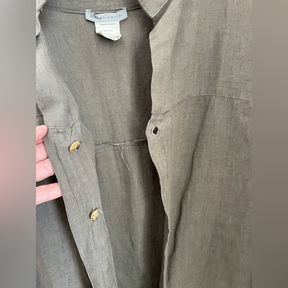 Sarah Pacini Italy 100% Linen Lagenlook Shirt Jacket Taupe S Granola Gorpcore - Picture 8 of 12